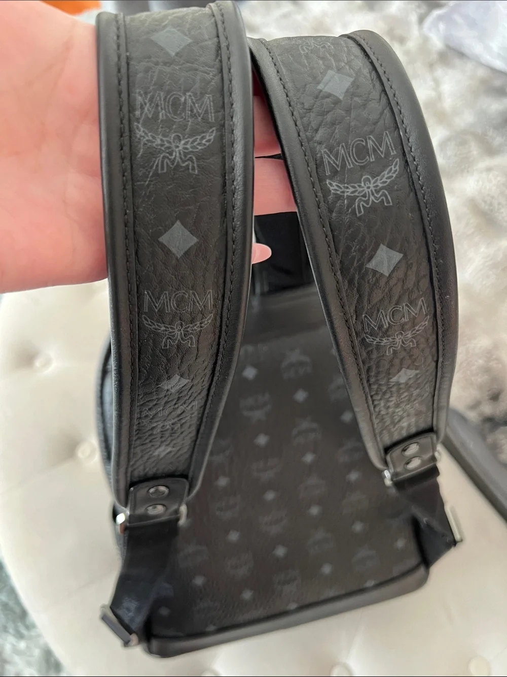Authentic Mcm Studded Stark Gunta Backpack In Black Visetos Coated Canvas